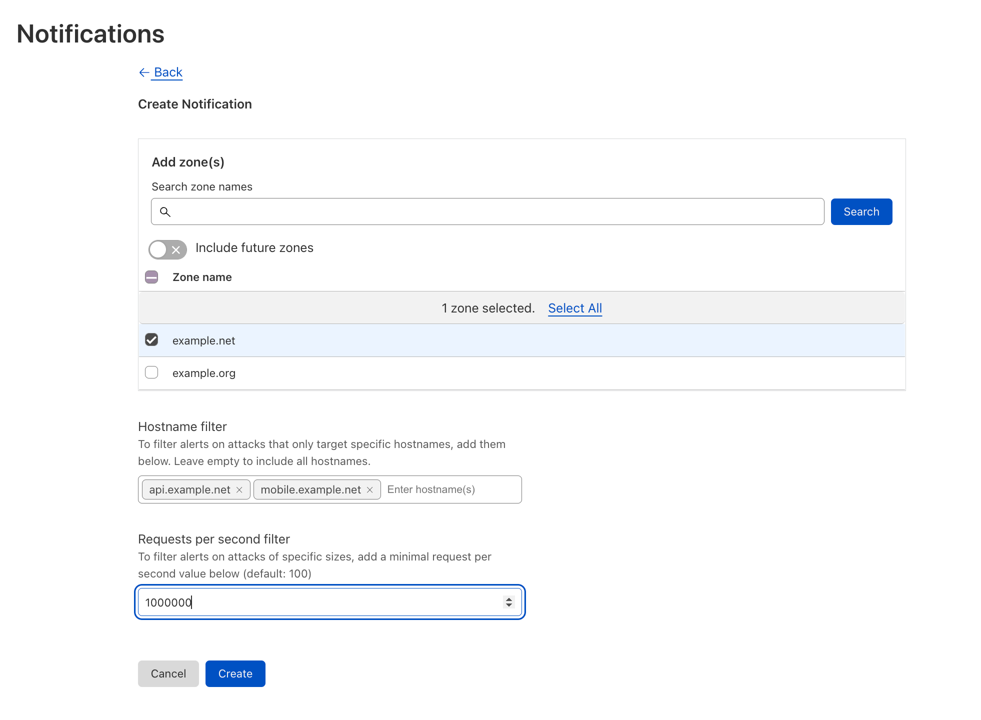 Screenshot of the Advanced HTTP DDoS Attack Alert creation screen