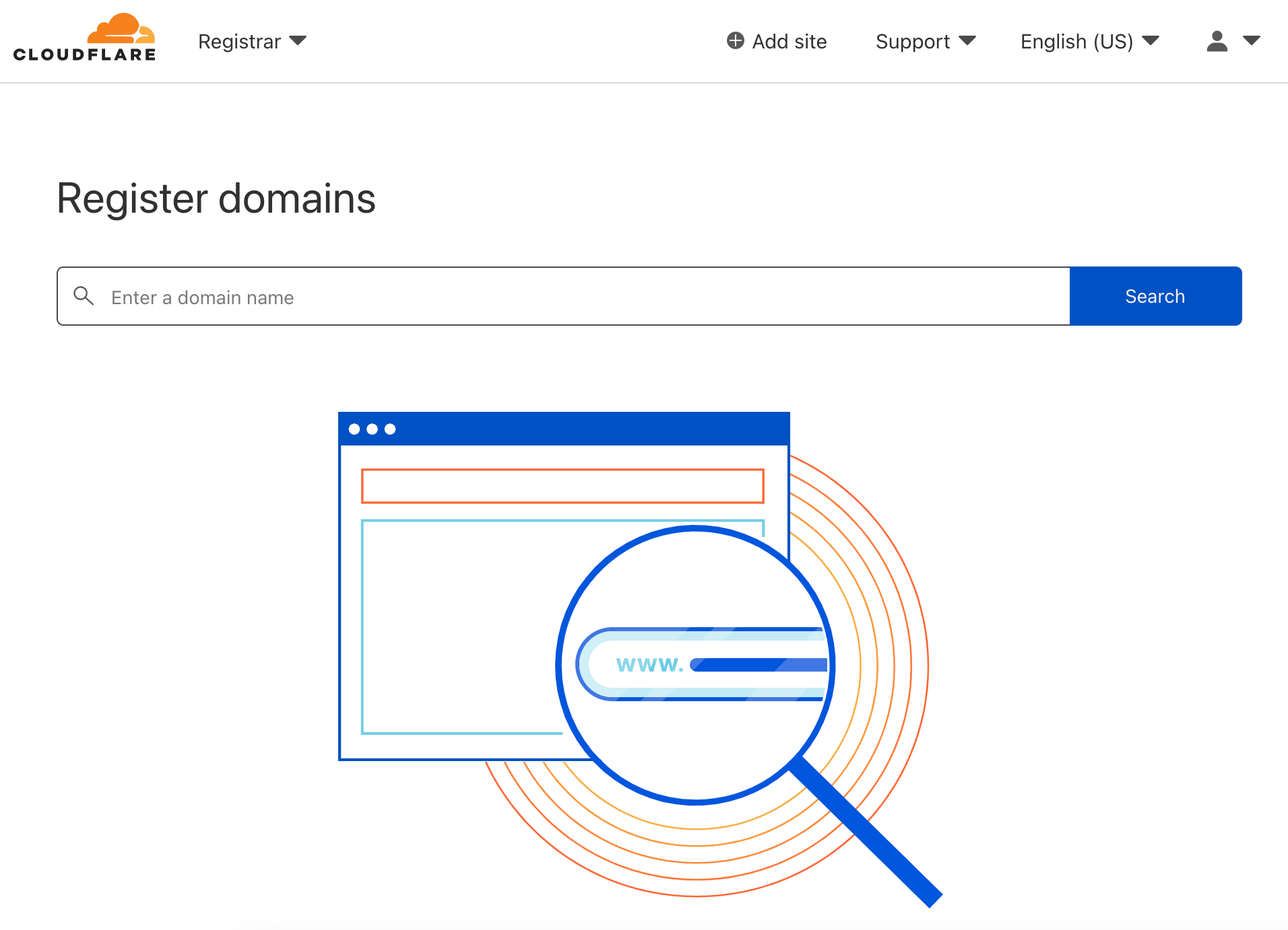 graphic depicting search for a new domain name in the Cloudflare dashboard