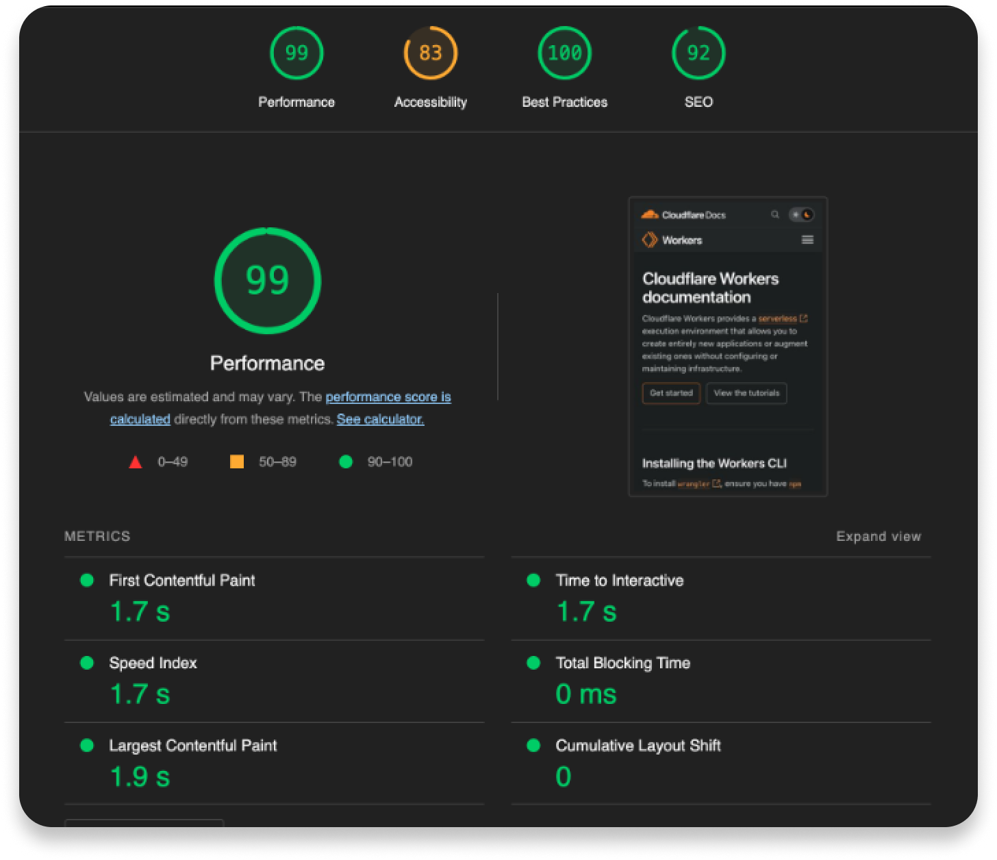 The Lighthouse result for the mobile Developer Documentation site after our updates. The Performance score is now a 99!