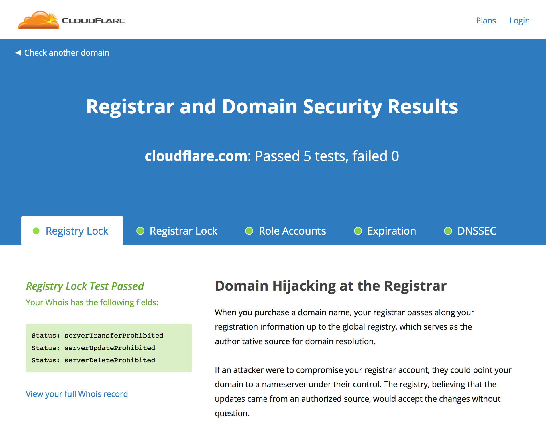 Screenshot of CloudFlare's Domain and Registrar Security Tool