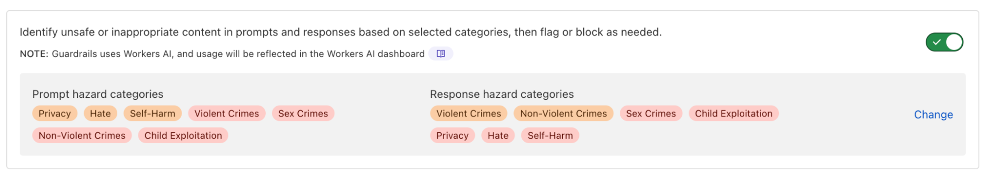 AI Gateway log displaying a blocked prompt classified under “Non-Violent Crimes”, with an error message indicating the prompt was blocked due to security configurations