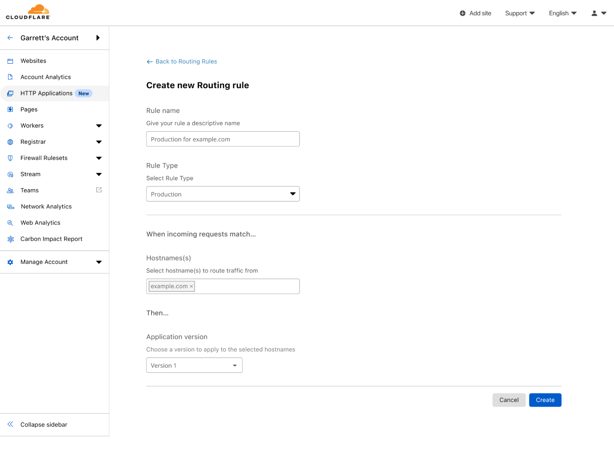 Routing Rule creation screen showing the creation of a production rule that will apply Version 1 when requests match example.com