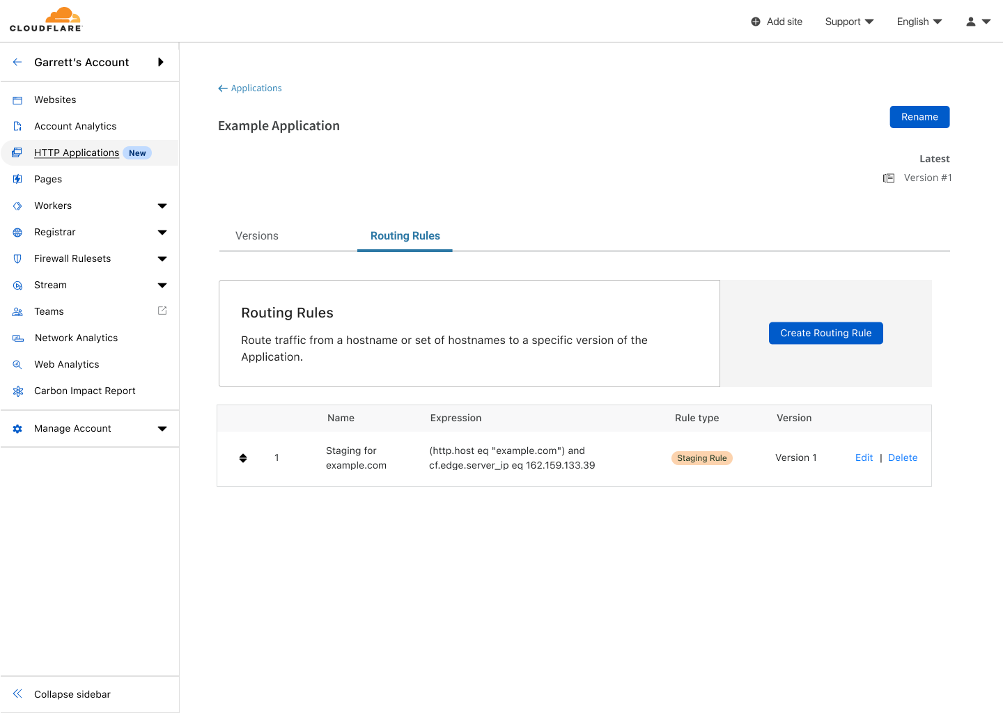 Routing Rules for the Example Application showing one rule for staging has been created.