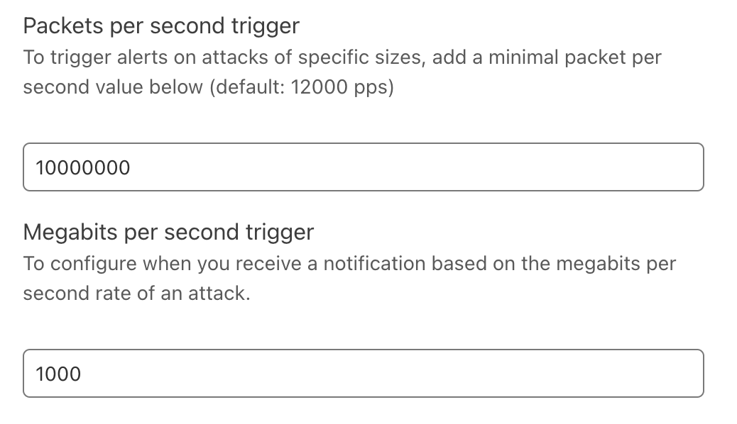 Screenshot of the Advanced L3/4 DDoS Attack Alert creation screen: defining packet/bit rate