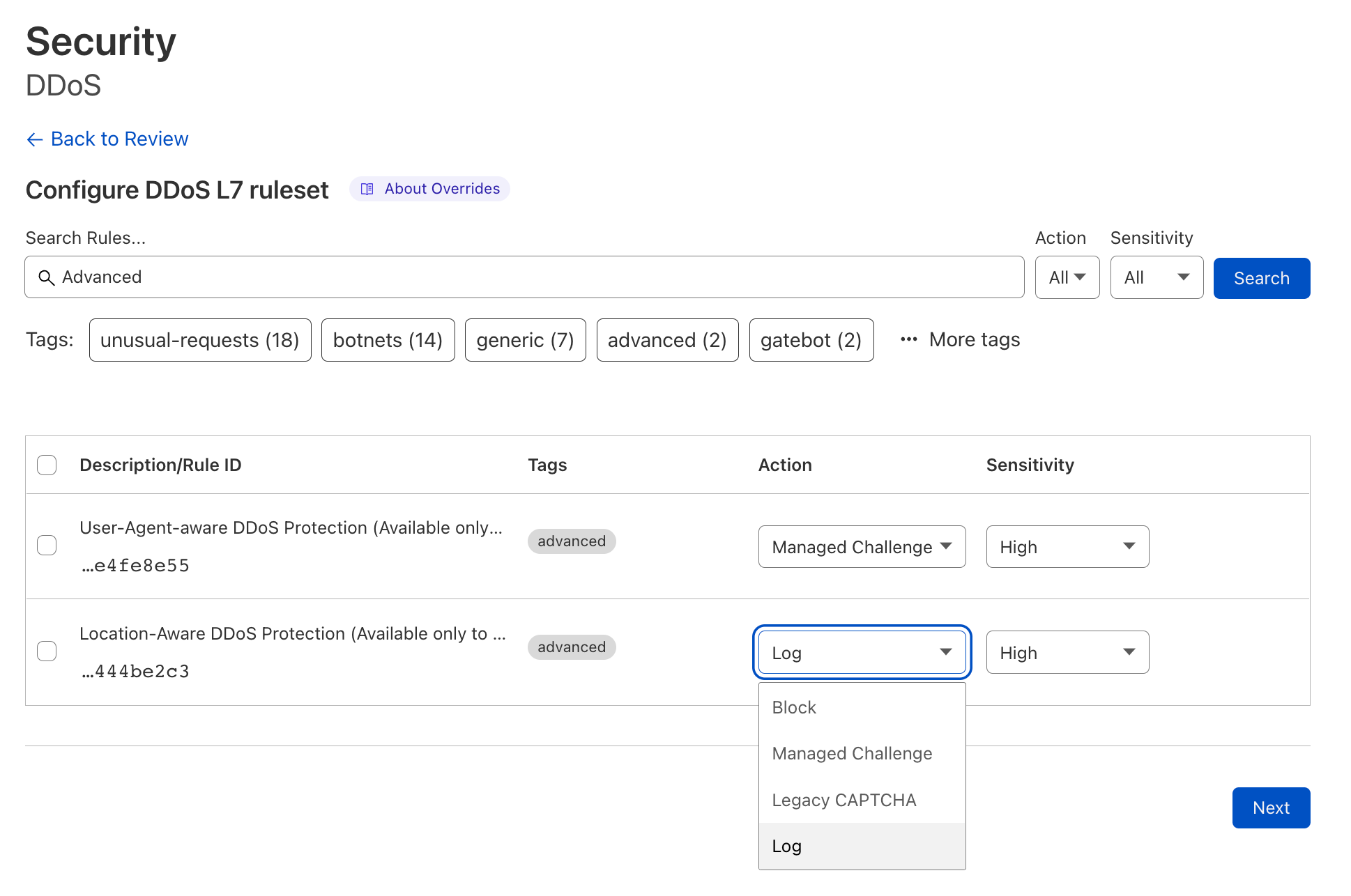 A screenshot of Cloudflare Adaptive DDoS Protection rules