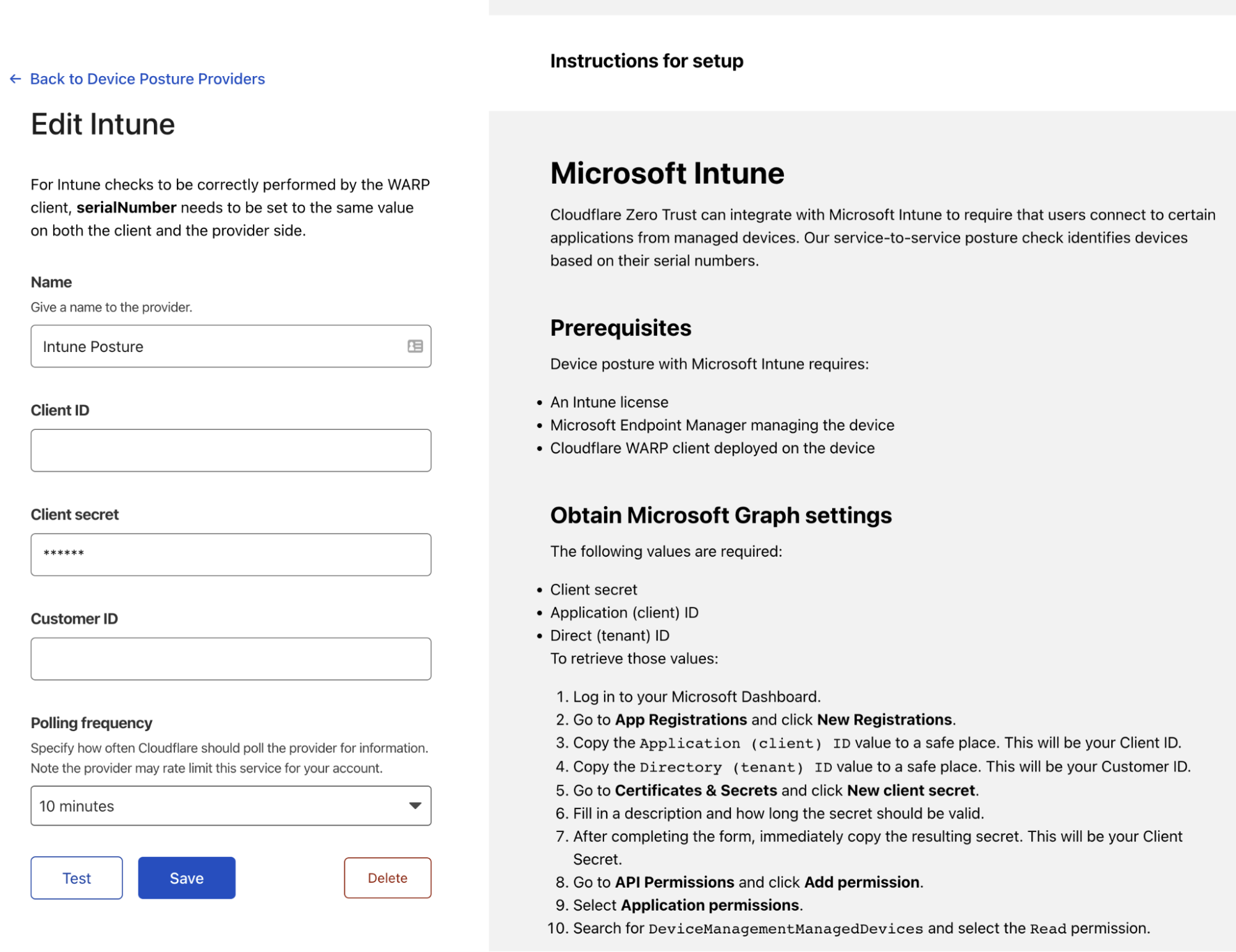 Screenshot showing the fields necessary to establish a connection from the Cloudflare Service to the Microsoft Graph API