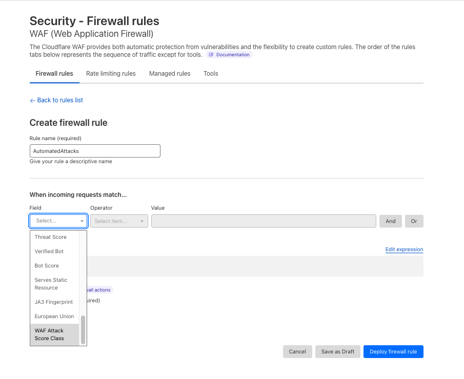 Screenshot from the dashboard highlighting WAF Attack Score Class field in a firewall rule