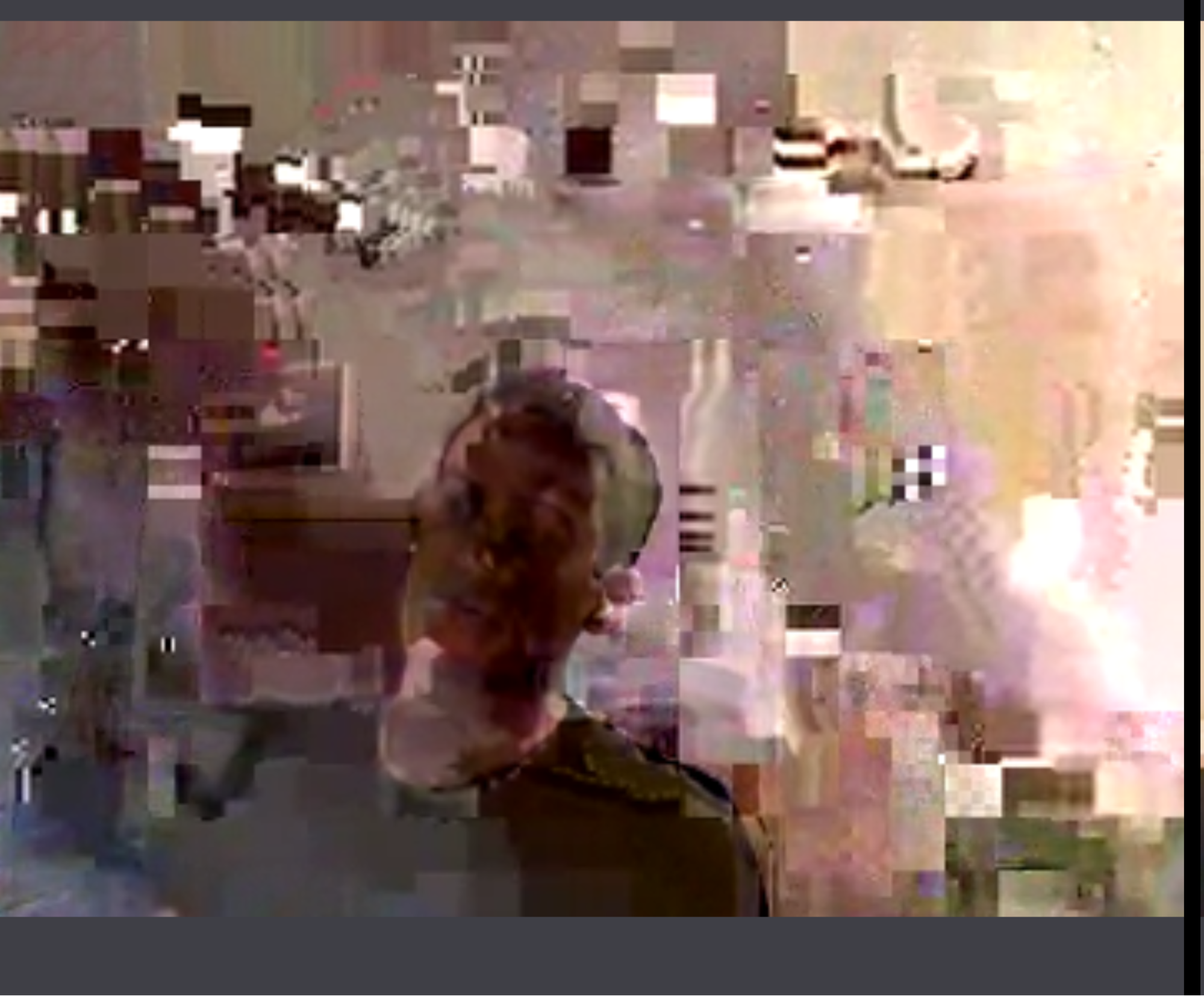 A screencap from a garbled video call. In the frame is a man, face unrecognizable, sitting in a chair and leaning to the side. Randomly colored blocks of pixels are littered around the frame.