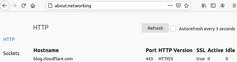 about:networking contains a table of visited zones and the connection properties.