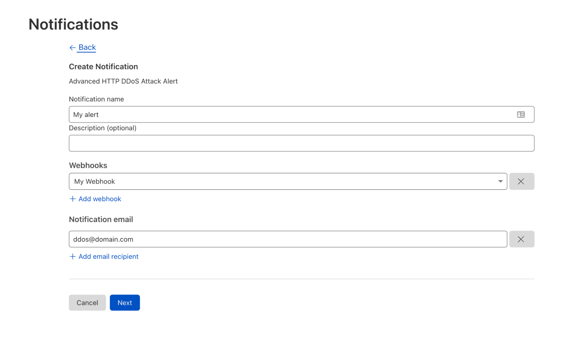 Screenshot of the Advanced HTTP DDoS Attack Alert creation screen