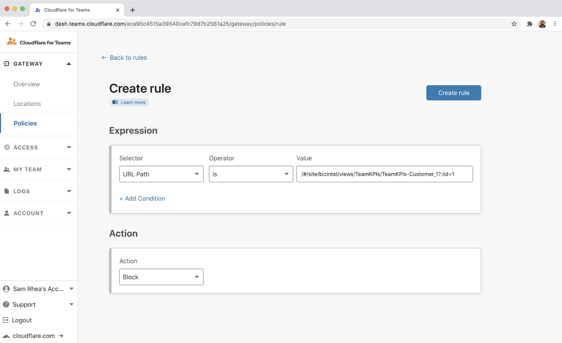 We can use Cloudflare Gateway to solve that problem. Gateway provides the ability to restrict certain URLs to groups of users; this allows us  to add rules that only let specific team members reach records that live at known URLs.