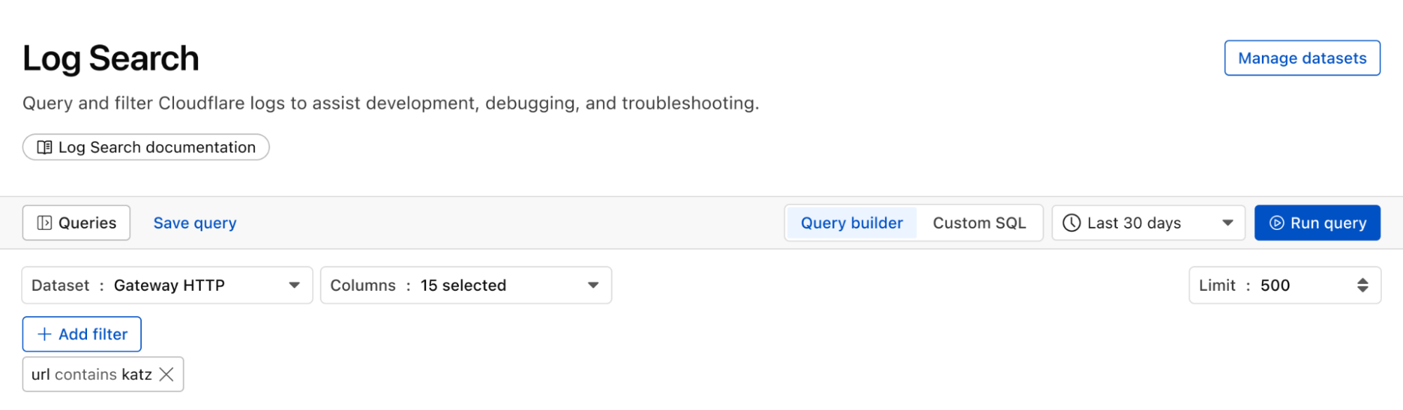 Log Search query of Gateway HTTP logs filtered on url field containing katz
