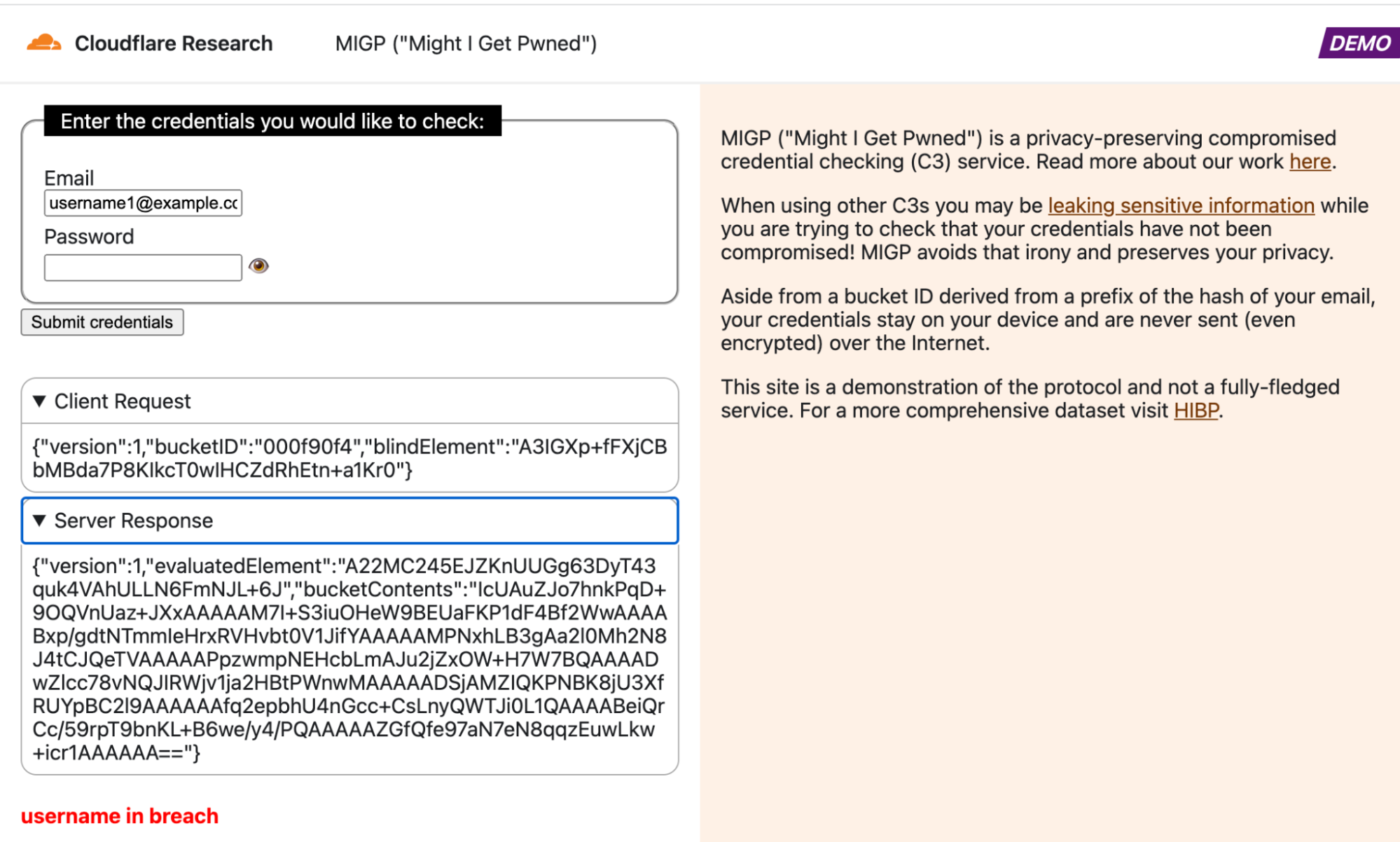 Example query in which the username is present in the breach dataset