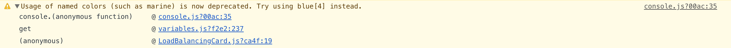 Example of console warning when using deprecated color