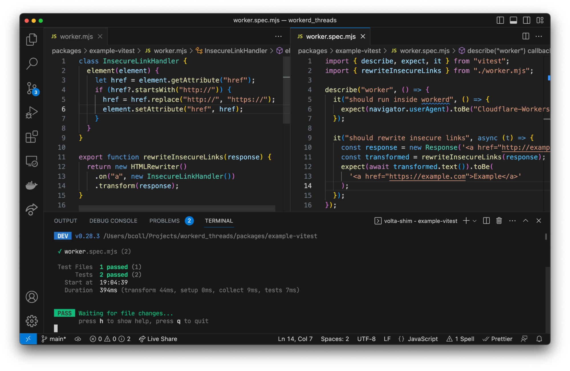 running Worker unit tests using Vitest and Miniflare 3, note we’re just importing functions from our Worker, and have access to Worker’s runtime APIs in tests