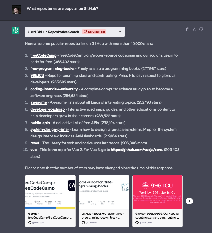 An example of the GitHub ChatGPT plugin running, showing the results for the prompt “What repositories are popular on GitHub?”